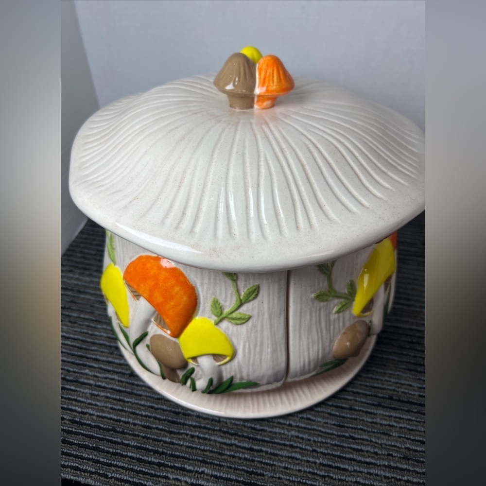 Vtg 1974 Arnels 3D Mushroom Divided 4 Canister Lazy Susan W/Lid & Tray-Ceramic - Picture 12 of 16